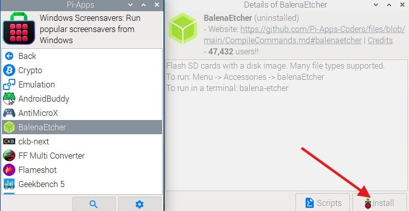 install balena etcher using pi-apps