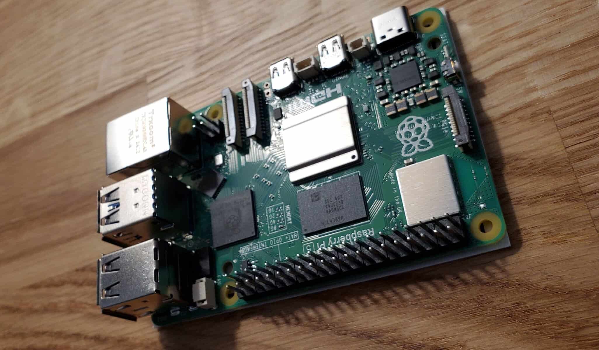 bare raspberry pi 5 on desk