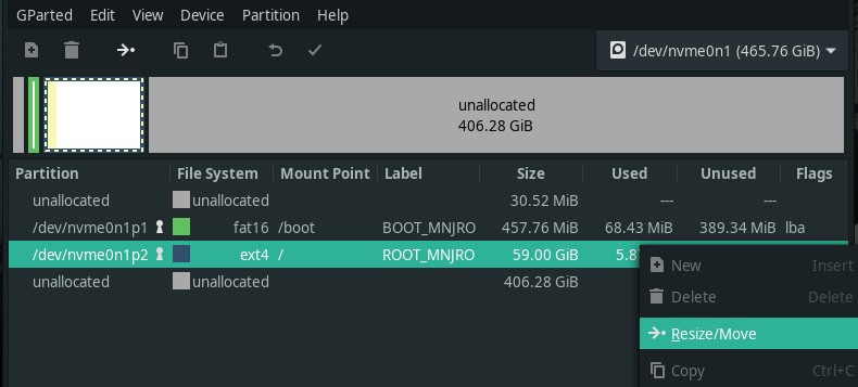 gparted resize option