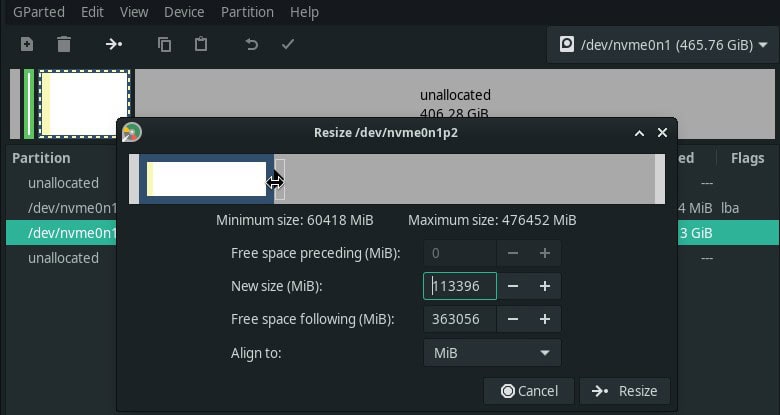 gparted resize partition