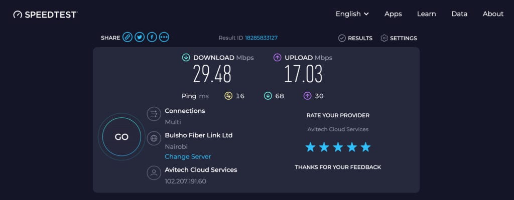 Résultat du test de vitesse de 29,48 Mbps sur le réseau Raspberry Pi, optimisé pour RaspberryPi, vitesse et connectivité.