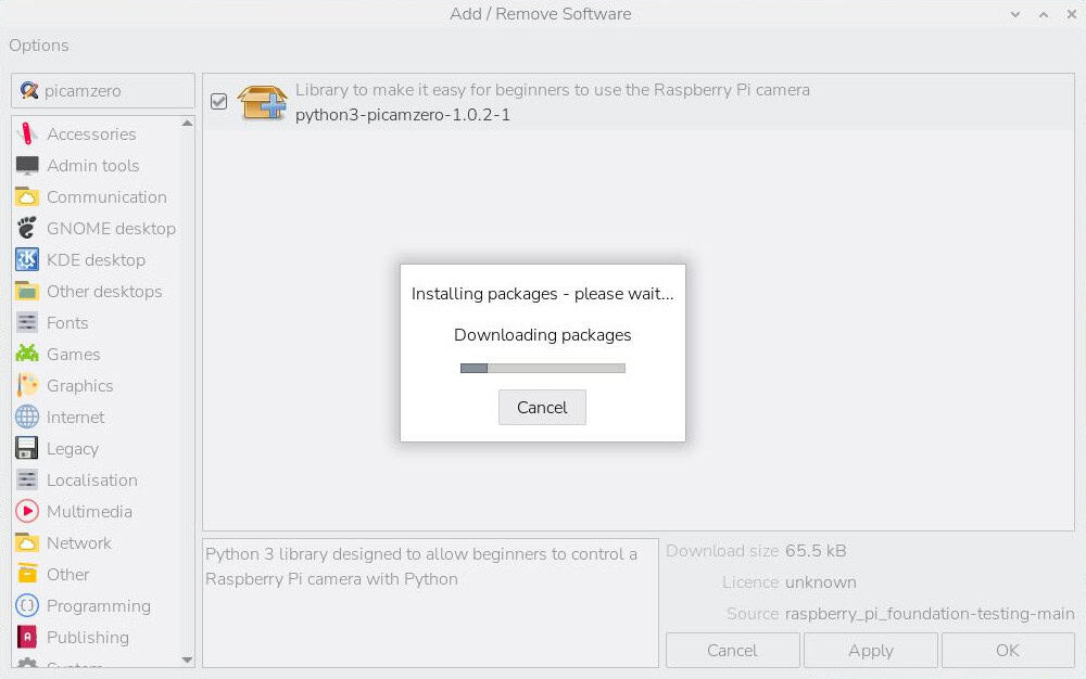 download picamzero package and dependencies