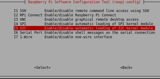 Screen capture of raspi-config: select I2C